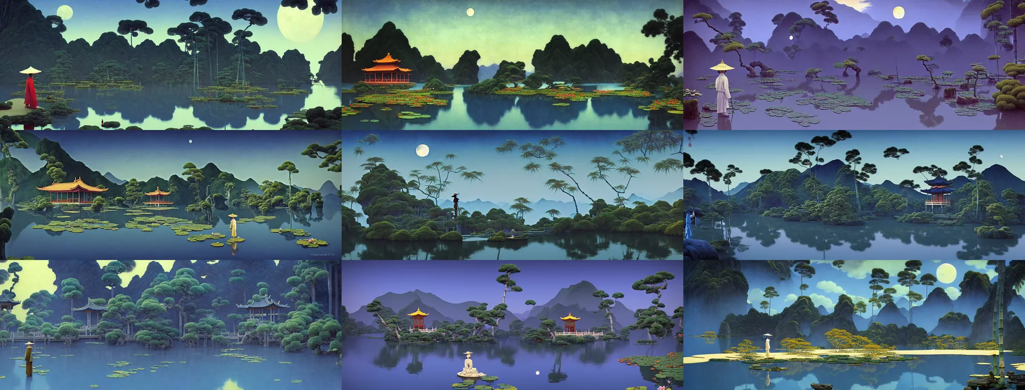 Image similar to a gorgeous landscape painting by barlowe wayne maxfield parrish and marco mazzoni. chinese temple. drak blue night sky. just one winter moon!! just one lonely chinese wuxia with bamboo hat walks on the winding steps. blooming lotus lake!! ultra clear detailed. 3 d, octane render. turbulent blood lake.