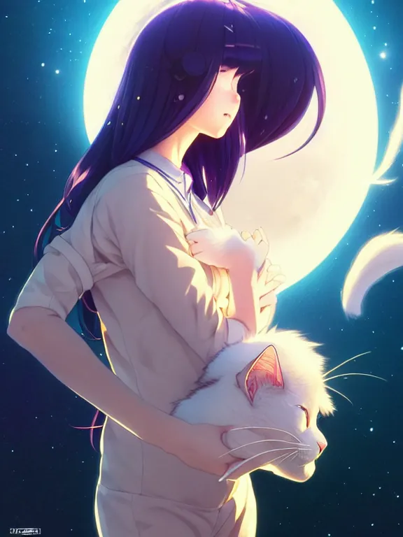 Prompt: full body picture of a cat ear girl on the moon, bored, beautiful and aesthetic, intricate, unreal engine, neat hair, highly detailed, detailed face, smooth, sharp focus, chiaroscuro, manga illustration, artgerm, greg rutkowski, ilya kuvshinov, rossdraws, alphonse mucha, young adult light novel cover art