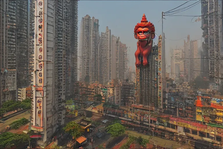 Image similar to high quality 3 d cyberpunk biomorphic hanuman head building in the middle of mumbai!!, kalighat highly detailed, cinematic smooth, stephen shore & john j. park, soft morning light, wide shot, high angle, uhd 8 k, deep focus