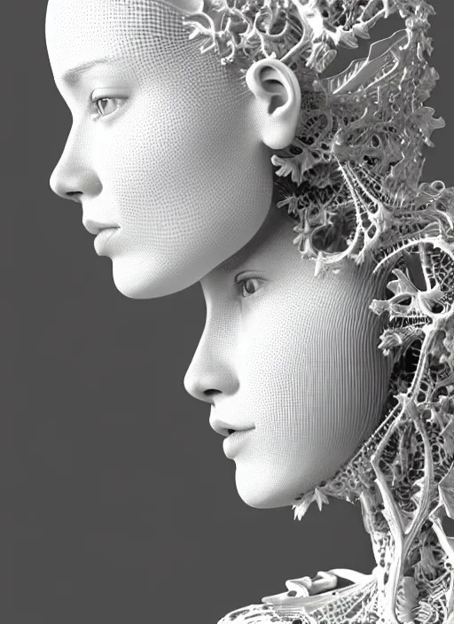 Prompt: complex 3d render ultra detailed of a beautiful porcelain profile woman face, mechanical cyborg, 150 mm, beautiful natural soft light, rim light, silver white gold details, magnolia big leaves and stems, roots, fine foliage lace, maze like, mesh wire, intricate details, hyperrealistic, ultra detailed, mandelbrot fractal, anatomical, red lips, white metal neocubism armor, facial muscles, cable wires, microchip, elegant, octane render, H.R. Giger style, 8k