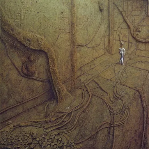 Prompt: theseus in the labyrinth, extra detailed, photorealistic, oil painting by beksinski and dore