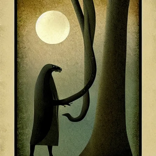 Prompt: by tony conrad, by christian schloe threatening, dismal. a digital art of a large, looming creature with a long, snake body. many large, sharp teeth, & eyes glow. wrapped around a large tree, bent under the weight. small figure in foreground, a sword, dwarfed by the size of the creature.