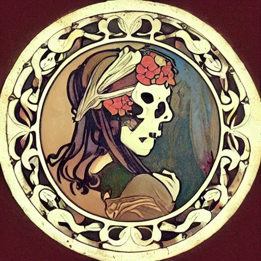 Image similar to skull in the center of a decorative art nouveau round frame, in the style of Mucha,