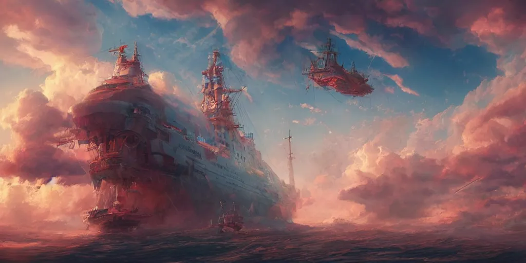 Prompt: a ship floating high in the clouds, fantasy, trending on artstation, digital art, hyper detailed, hyper colorful, cinematic