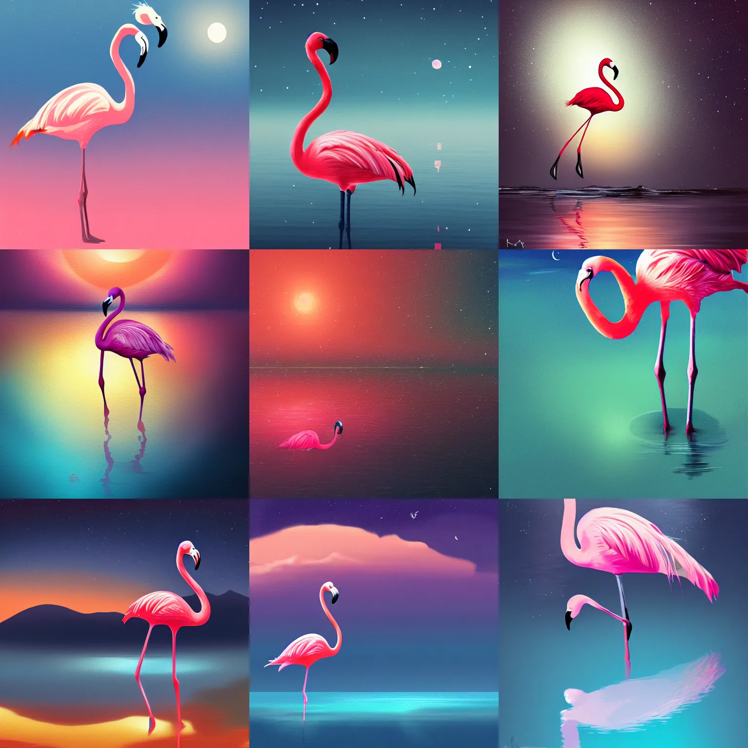 Prompt: A flamingo on water under the night sky, calm, digital painting, artstationHQ, 4k, high-quality, atmospheric