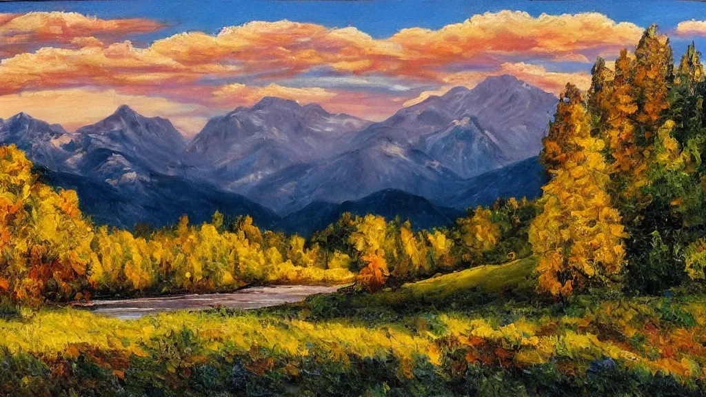 Image similar to The most beautiful panoramic landscape, oil painting, where the mountains are towering over the valley below their peaks shrouded in mist. The sun is just peeking over the horizon producing an awesome flare and the sky is ablaze with warm colors and cirrus clouds. The river is winding its way through the valley and the trees are starting to turn yellow and red, by Greg Rutkowski, aerial view