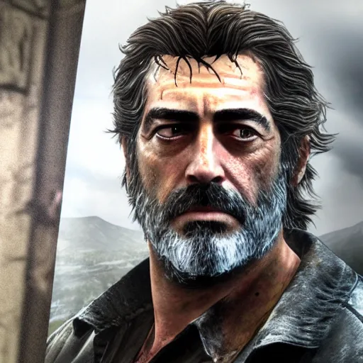 Prompt: Film still of Jeffrey Dean Morgan with long hair and beard, from The Last Of Us (video game)