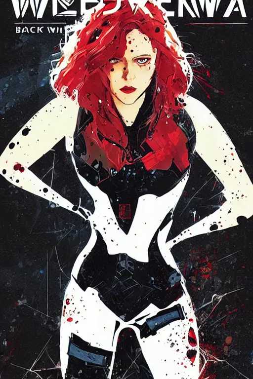 Image similar to comic cover art by david mack and greg rutkowski, black widow full body, tight fit, vivid vector colors, russian female, perfectly symmetrical facial features, hyperdetailed, bleed, spatter, india ink, bill sienkiewicz