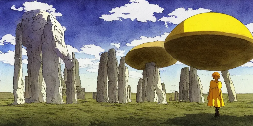 Image similar to a hyperrealist studio ghibli watercolor fantasy concept art of a giant alien and a small grey alien with a yellow robe in stonehenge in the early morning. a giant gold ufo is floating in the air. by rebecca guay, michael kaluta, charles vess