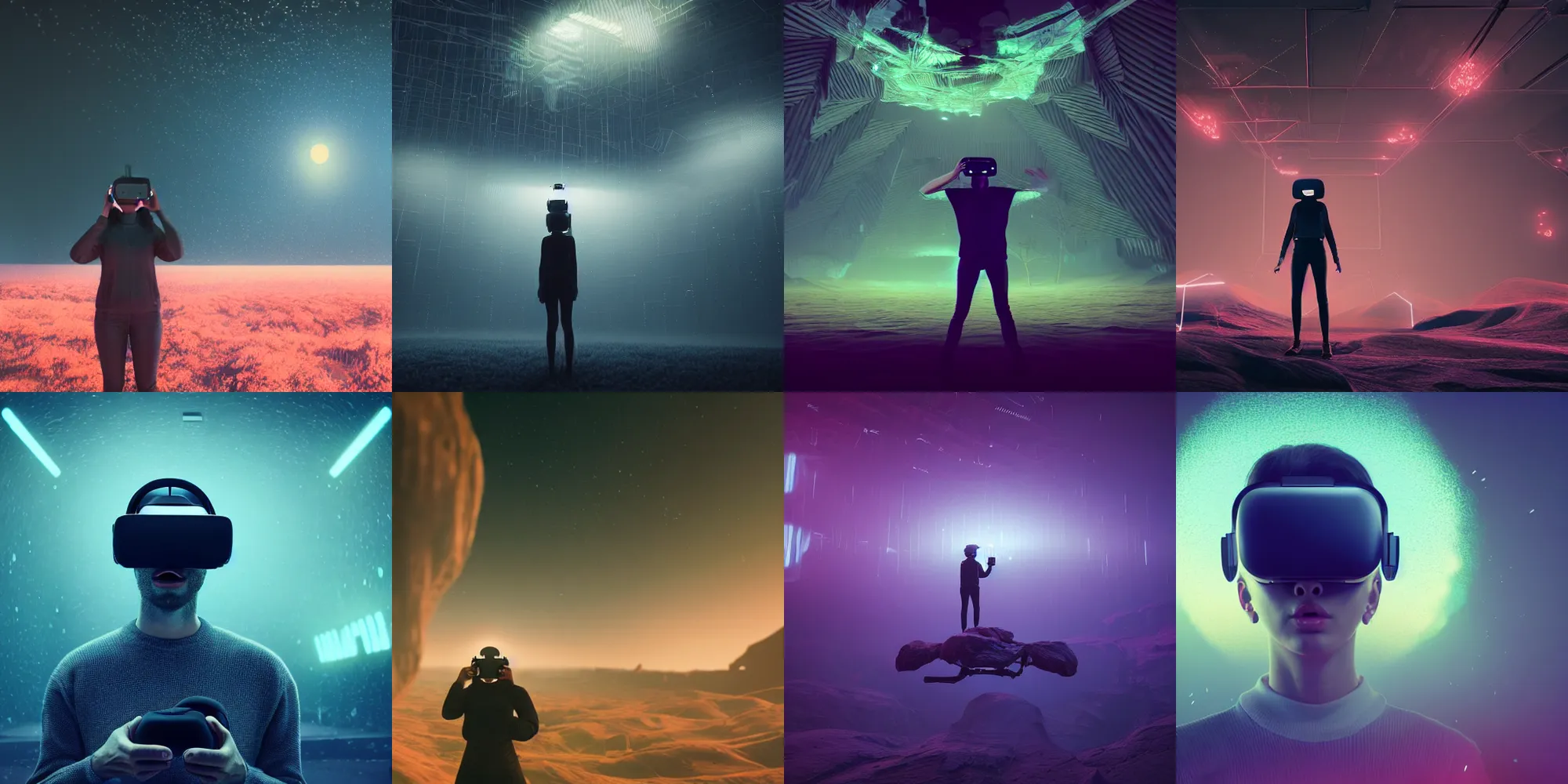 Image similar to beautiful dark landscape, person screaming wearing virtual reality, in the style of beeple and Mike Winkelmann, intricate, epic lighting, cinematic composition, hyper realistic, 8k resolution, unreal engine 5,