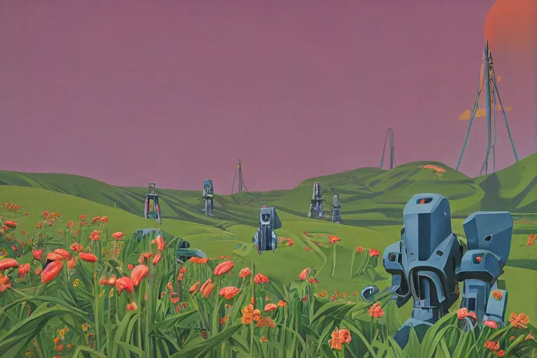 Image similar to giant mecha robot, blooming hills with spring flowers and pillars by helen lundeberg