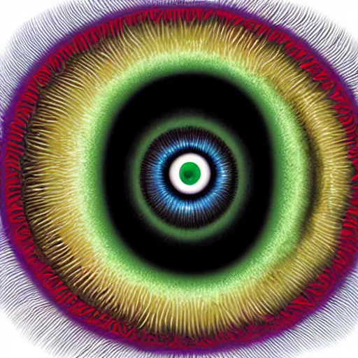 Prompt: lifelike instruction manual, dark white by storm thorgerson. a digital art of a large eye that is looking directly at the viewer. the eye is composed of a myriad of colors & patterns, & it is surrounded by smaller eyes.