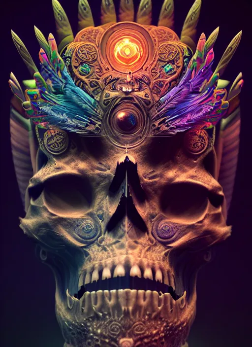 Image similar to 3 d shaman with tattoos profile portrait, sigma 5 0 0 mm f / 5. beautiful intricate highly detailed quetzalcoatl skull and feathers. bioluminescent, plasma, lava, ice, water, wind, creature, thunderstorm! artwork by tooth wu and wlop and beeple and greg rutkowski, 8 k trending on artstation,