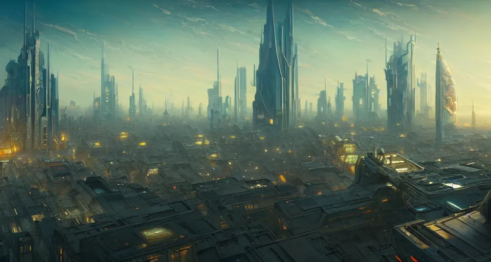 Image similar to cinematic shot, futuristic city, view from rooftop, utopian, digital painting, artstation, concept art, smooth, sharp focus, illustration, intricate, elegant, highly detailed, in the style of greg rutkowski and alphonse mucha and artemisia, 8 k, highly detailed, jurgens, rutkowski
