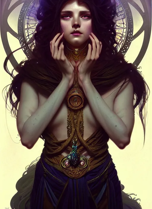 Image similar to a beautiful cinematic female druid goddess, galatic shamen with Quantum energy fantasy, fantasy magic, undercut hairstyle, dark light night, intricate, elegant, sharp focus, illustration, highly detailed, digital painting, concept art, matte, art by WLOP and Artgerm and Greg Rutkowski and Alphonse Mucha, masterpiece