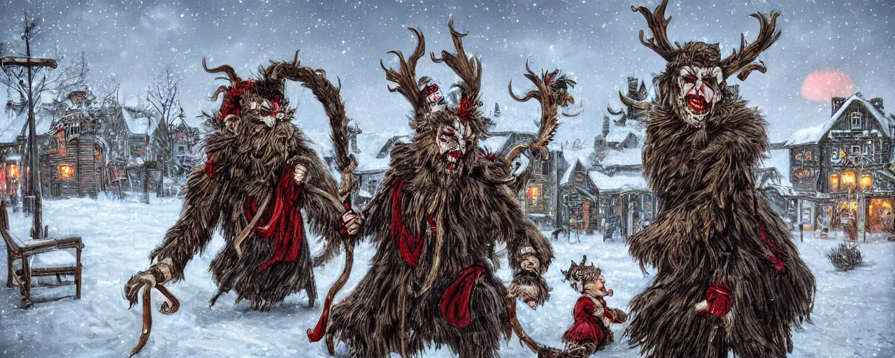 Image similar to Victorian Krampus in a snowy christmas village by antoni piotrowski