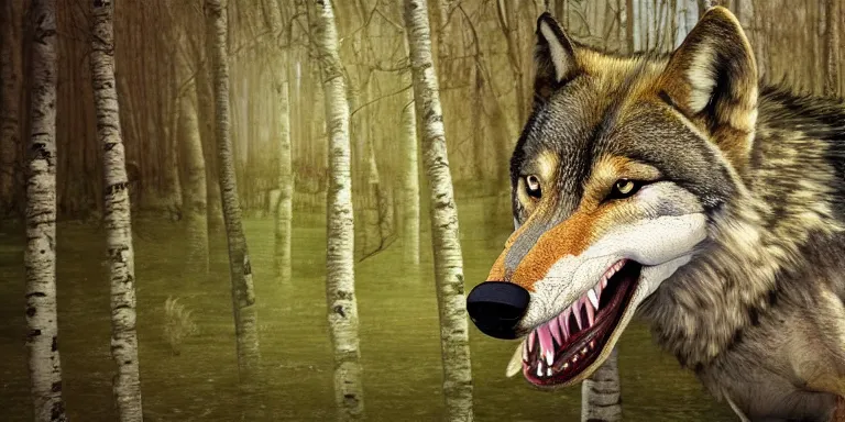 Image similar to chimera made of a wolf and a crocodile, awarded on pixiv, trending on deviantart, headshot, realistic birch wood swamp, professional photoshop utilizing real life photos