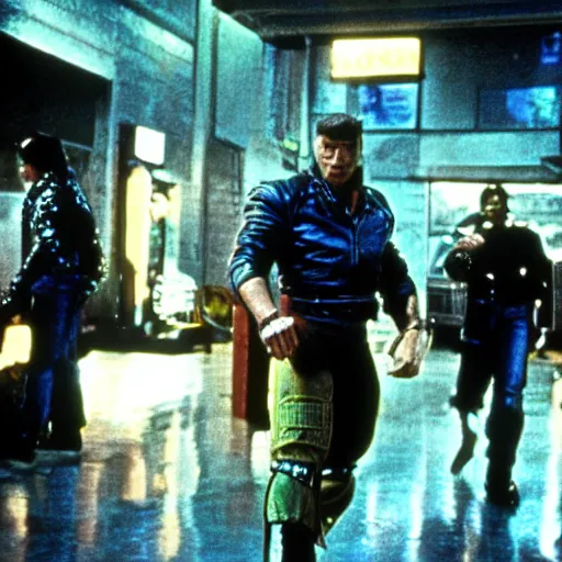 Prompt: movie still, 1 9 8 0 s, van damme as cyberpunk street fighter, hyperdetailed, by ridley scott, john carpenter and vittorio storaro, blue leds