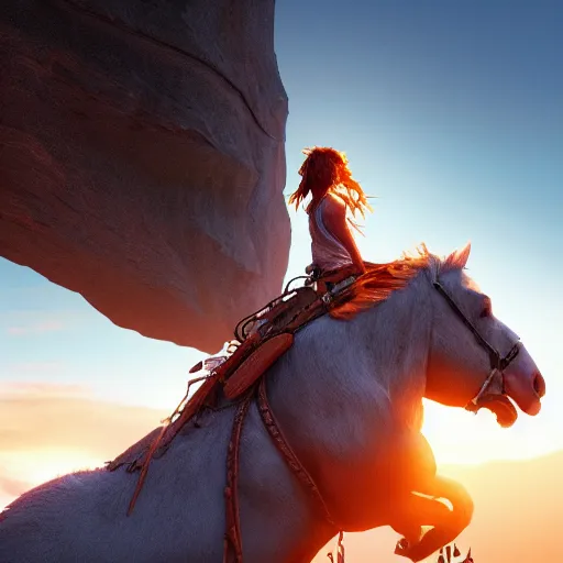 Image similar to spirit, from the spirit movie, with the girl lucky on his back riding next to a canyon into the sunset, movie poster, intricate detail, 8 k, trending on artstation, octane render