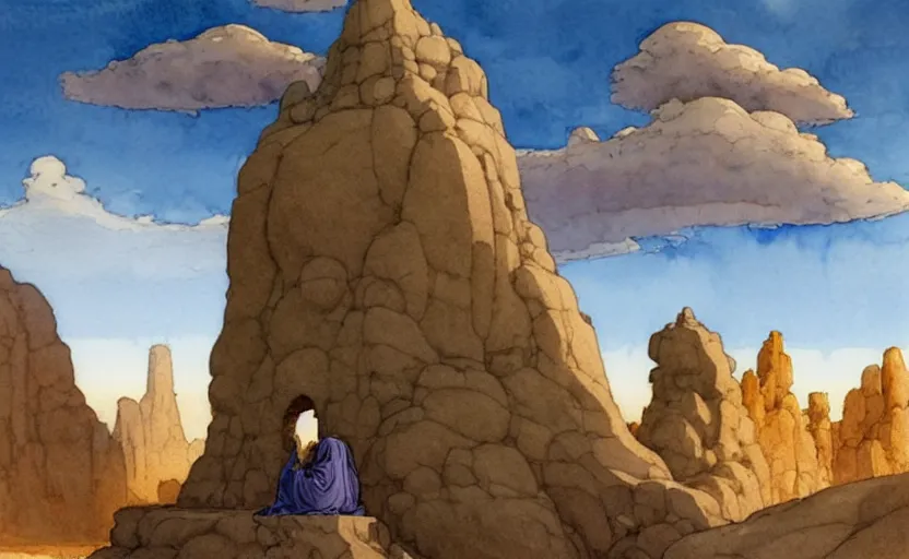 Image similar to a hyperrealist watercolour concept art of a large rock formation dimensional portal in the sky. a medieval monk in grey robes is kneeling in prayer below it on a desert road. by rebecca guay, michael kaluta, charles vess and jean moebius giraud. high detail, hq, wide shot