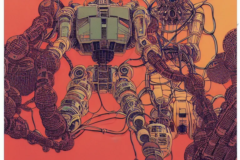 Image similar to risograph grainy drawing vintage sci - fi, satoshi kon color palette, gigantic gundam full - body covered with human bodies and wires, with lot tentacles, vermilion color, codex seraphinianus painting by moebius and satoshi kon and dirk dzimirsky close - up portrait