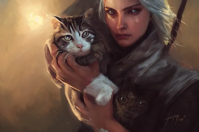 Prompt: Ciri holding a cat, beautiful lighting, expressive oil painting, trending on artstation, digital art, by Yoshitaka Amano, by Dan Mumford, canvas, highly detailed, 4k