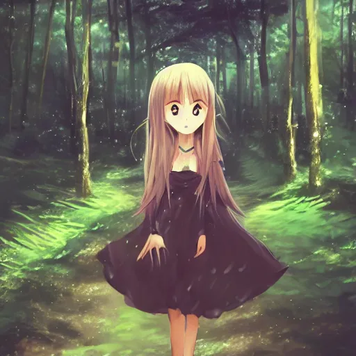 Image similar to a girl walking in a forest, a big eye in the sky is watching her, anime art, smooth, hd, smooth