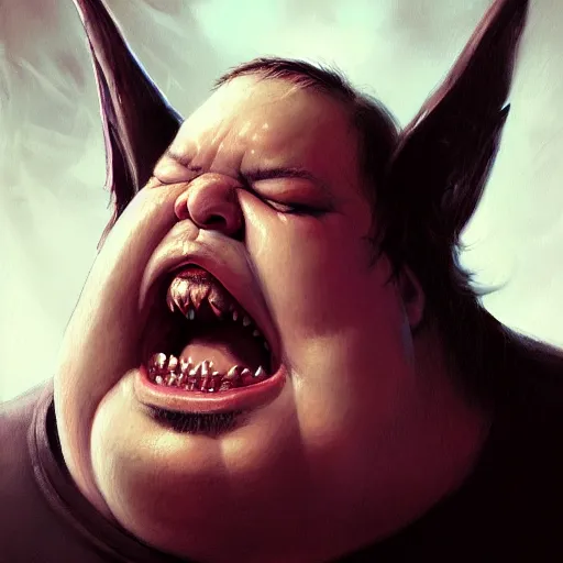 Prompt: hyper realistic, close up portrait of a mega derpy disgusting fat slob by greg rutkowski, scott m fischer, artgerm, loish, slight glow, atmospheric, anne stokes, alexandros pyromallis