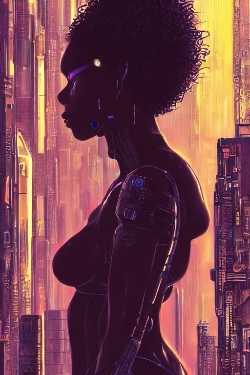 Image similar to a beautiful young black woman, cyberpunk, blade runner city background, anime, highly detailed, artstation, illustration, art by gustav klimt