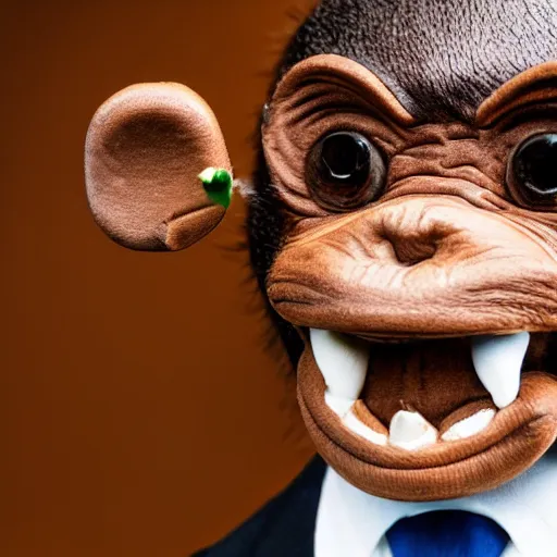 Image similar to a high detail closeup shot of a depressed monkey wearing a suit and smoking a cigar