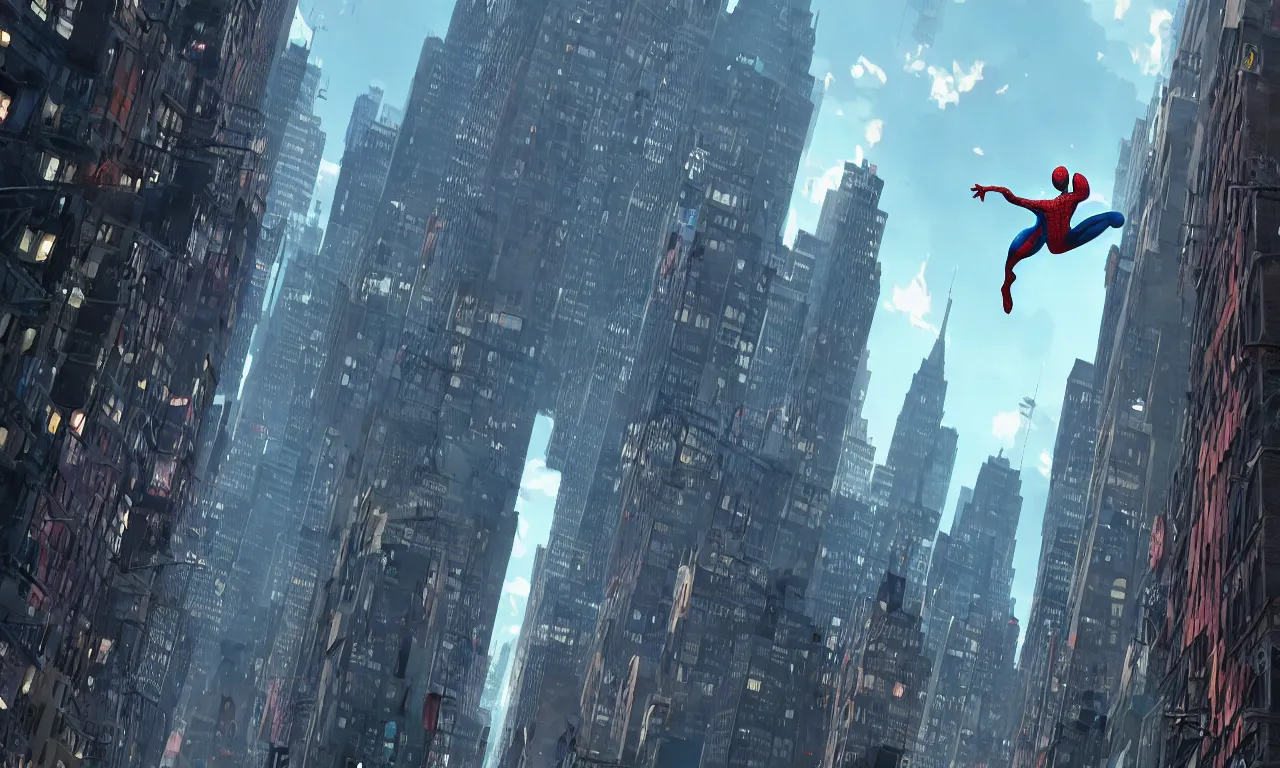 Image similar to spiderman in a wide city of new york, cinematic lighting, style by makoto shinkai