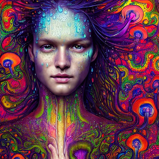 Prompt: bright portrait surrounded by psychedelic mushrooms with rain on face and wet hair, smiling, diffuse overhead lighting, fantasy, intricate, elegant, dramatic lighting, highly detailed, lifelike, photorealistic, digital painting, artstation, illustration, concept art, smooth, sharp focus, art by John Collier and Albert Aublet and Krenz Cushart and Artem Demura and Alphonse Mucha