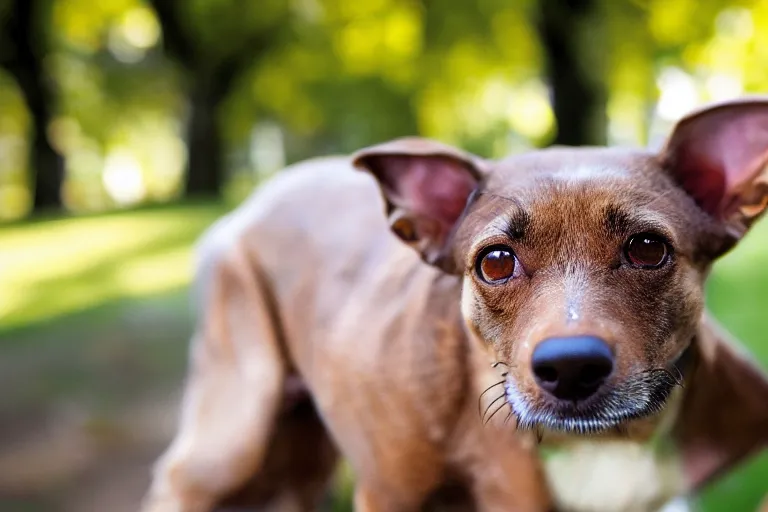 Image similar to closeup potrait of a small brown dog licking its nose in central park, natural light, sharp, detailed face, magazine, press, photo, Steve McCurry, David Lazar, Canon, Nikon, focus