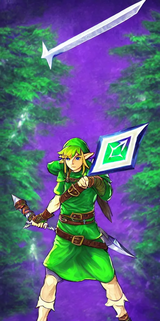 Image similar to link dressed in traditional green tunic and cap, holding the master sword and hylian shield in each hand, in dynamic fighting pose, clear detailed face with focused expression, mystical forest background, dark skies, green purple blue pink iridescent color scheme, intricately detailed, finely textured, cgsociety