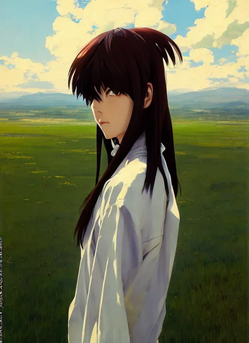 Prompt: portrait of Asuka Soryu from Evangelion, countryside, calm, fantasy character portrait, dynamic pose, above view, sunny day, thunder clouds in the sky, artwork by Jeremy Lipkin and Giuseppe Dangelico Pino and Michael Garmash and Rob Rey, very coherent asymmetrical artwork, sharp edges, perfect face, simple form, 100mm