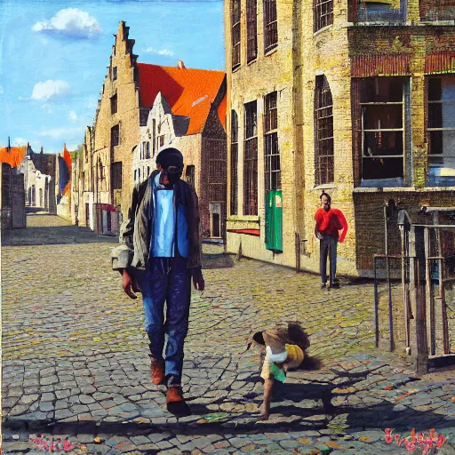 Image similar to bob marley walking in bruges, painted by scott listfield, sunny, happy