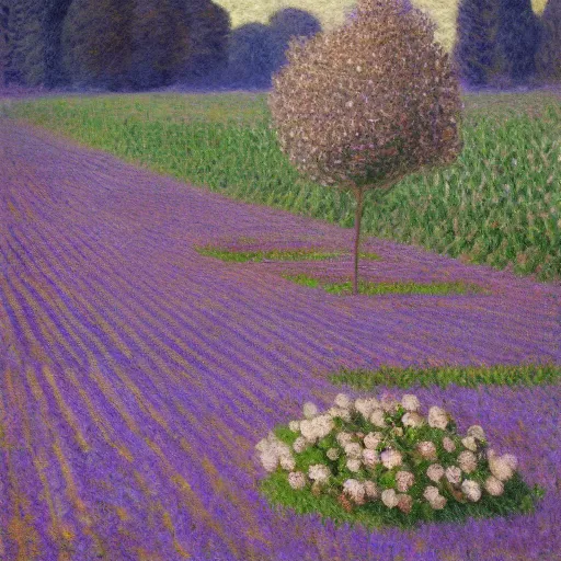 Image similar to deep purple artificial, cosy by fra angelico, by claude monet. a beautiful sculpture depicting a farm scene. the sculpture shows a view of an orchard with trees in bloom.