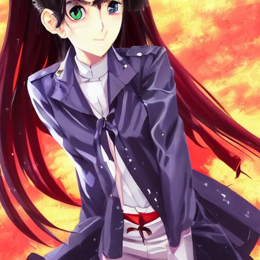 Image similar to portrait of a beautiful! alluring anime woman wearing a 2 0 3 0's stained dirty torn japanese school uniform, gorgeous face, leather bomber jacket, katana scabbard, realistic, hyper detailed, dynamic action poses, concept art, jojo's bizarre adventure, in style of hirohito araki, chiaroscuro, anime aesthetic