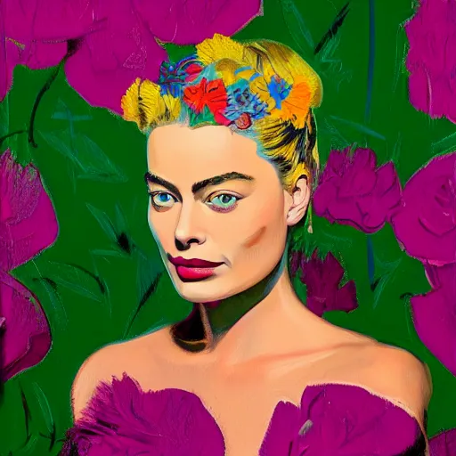 Image similar to detailed oil painting of margot robbie in detail with flowers by james jean, by andy warhol, by frida kahlo