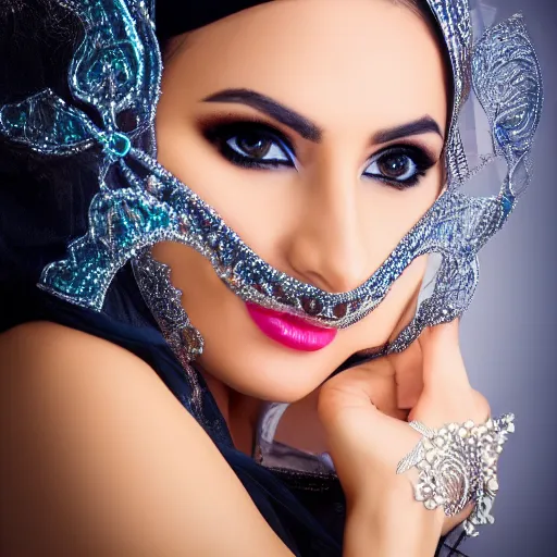 Image similar to fantasy arabian woman with mask, portrait photo, studio light, hdr, commercial shot