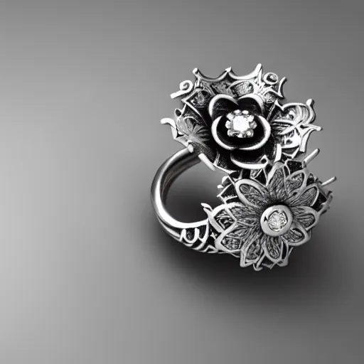 Image similar to intricate!! nordic ring and necklace and ear, silver and gold and diamond, isolated on a white background and a flower in the background, refraction, occlusion, filigree, lower and upper levels, keyshot render, octane render, vray render