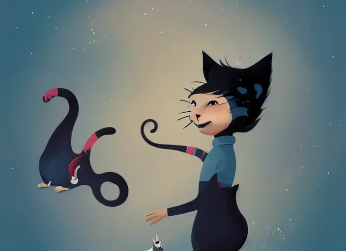 Image similar to a tomboy girl being happy with her cat. style by petros afshar, christopher balaskas, goro fujita, and rolf armstrong.