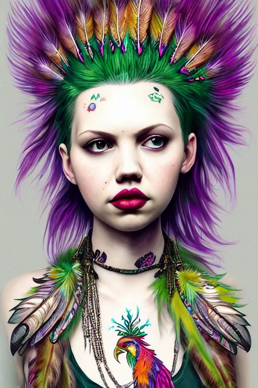 Image similar to portrait of hannah murray as a punk woman with green mohawk, neotraditional tattoos, fishnets, long tartan skirt as phoenix queen, feathers, wings, rainbow clothes,, sci - fi, intricate and very very beautiful and elegant, highly detailed, digital painting, artstation, smooth and sharp focus, illustration, art by tian zi and wlop and alphonse mucha