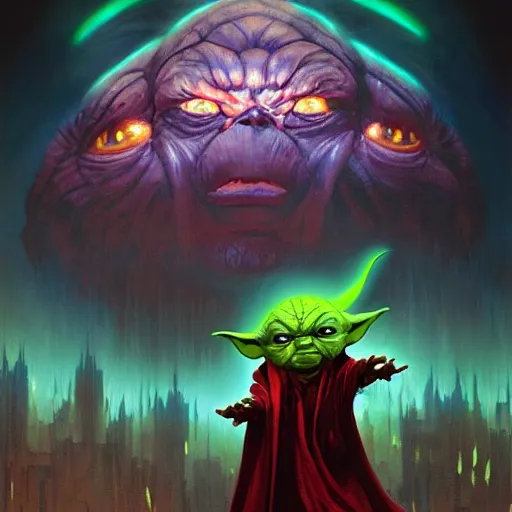 Image similar to portrait of angry evil yoda as a dark sith, overwhelming energy, detailed background by m. w. kaluta + bruce pennington, dark side, volumetric lighting, colorful vapor, deep dark color, floating molecules, digital painting, oil painting, artwork by ralph mcquarrie + cory loftis + andreas rocha + paul lehr + ian mcque + eddie mendoza