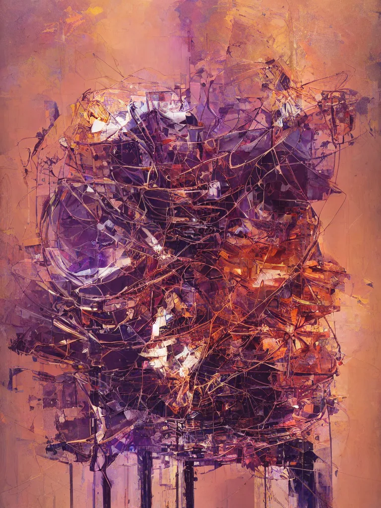 Prompt: a beautiful glitched abstract geometric painting by robert proch and robert heindel of an anatomy study of a mechanical nervous system on spinal structure, color bleeding, pixel sorting, copper oxide and rust materials, brushstrokes by jeremy mann, cold top lighting, pastel purple background