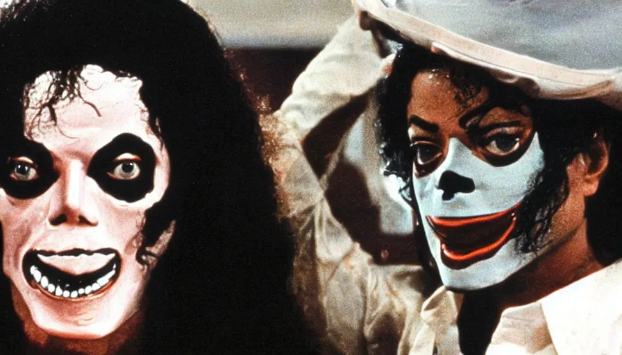 Prompt: a 1 9 8 0's horror movie where the killer wears a michael jackson halloween mask