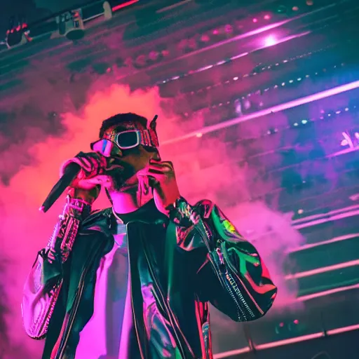 Image similar to a rapper performing on stage for millions of people while wearing cyberpunk clothes, digital art, synthwave