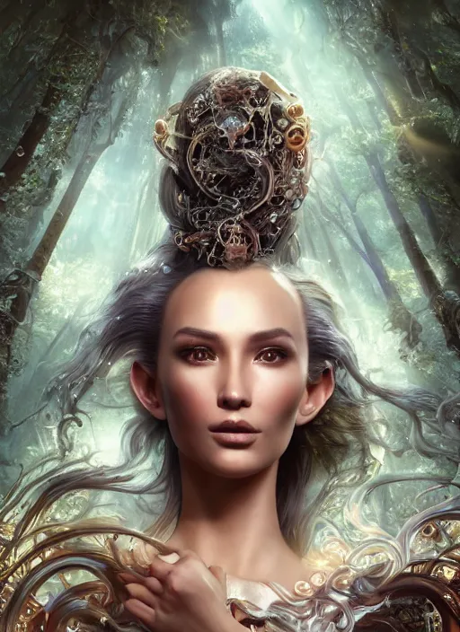 Image similar to beauteous practical sumptuous biomechanical with incredible iridescent pearlescent voluminous hair, crystalline masterpiece incrustations, hyperdetailed face, elegant pose, movie still, cinematic forest lighting, intricate accuracy, octane render, cgsociety, artgerm, unreal engine, crepuscular rays, god rays