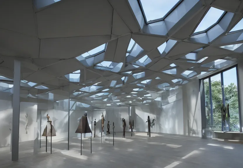 Prompt: a room in a museum for ai art sculptures invisible modern slate stone photo skylight architecture