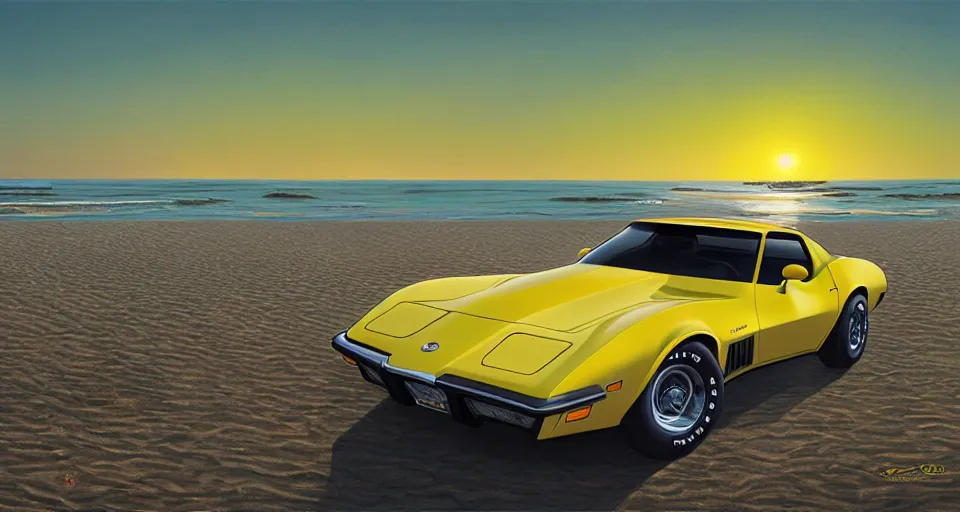 Image similar to a yellow 1979 stingray corvette at the beach at sunset, t-top, convertable,digital art,detailed,ultra realistic,art by greg rutkowski